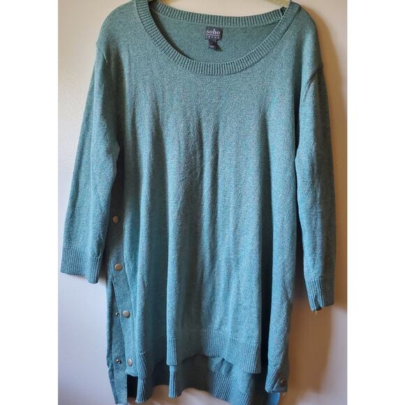 Soho Jeans Women L Teal Sweater Snaps Metallic Thread Hi-Lo Hem Mermaid Colors - Picture 1 of 11